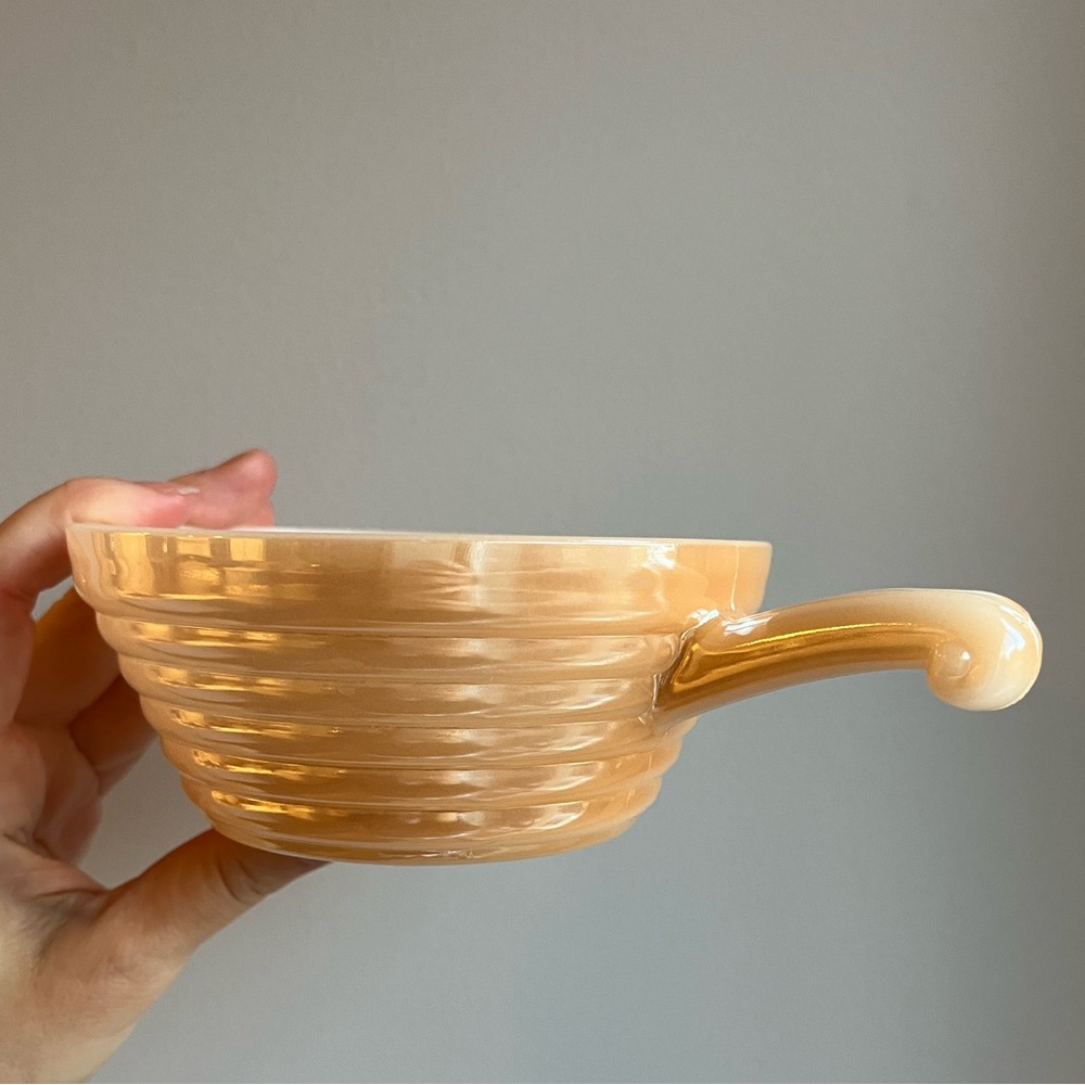 Vintage Fire King Peach Lustre Beehive Soup Bowl with Handle. One